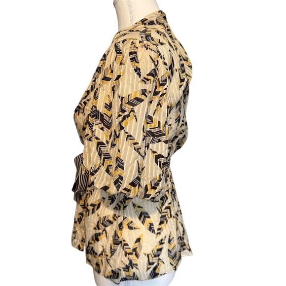 BCBGMaxazria Women's S Sheer Feather Print Wrap Blouse Balloon Sleeve Peplum Top - Picture 2 of 13